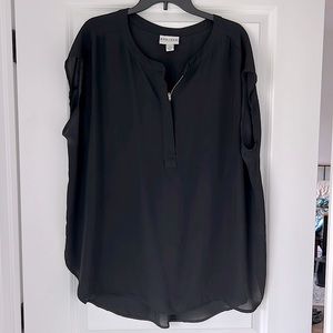 2X Black sheer top with gold zip accent at neckline